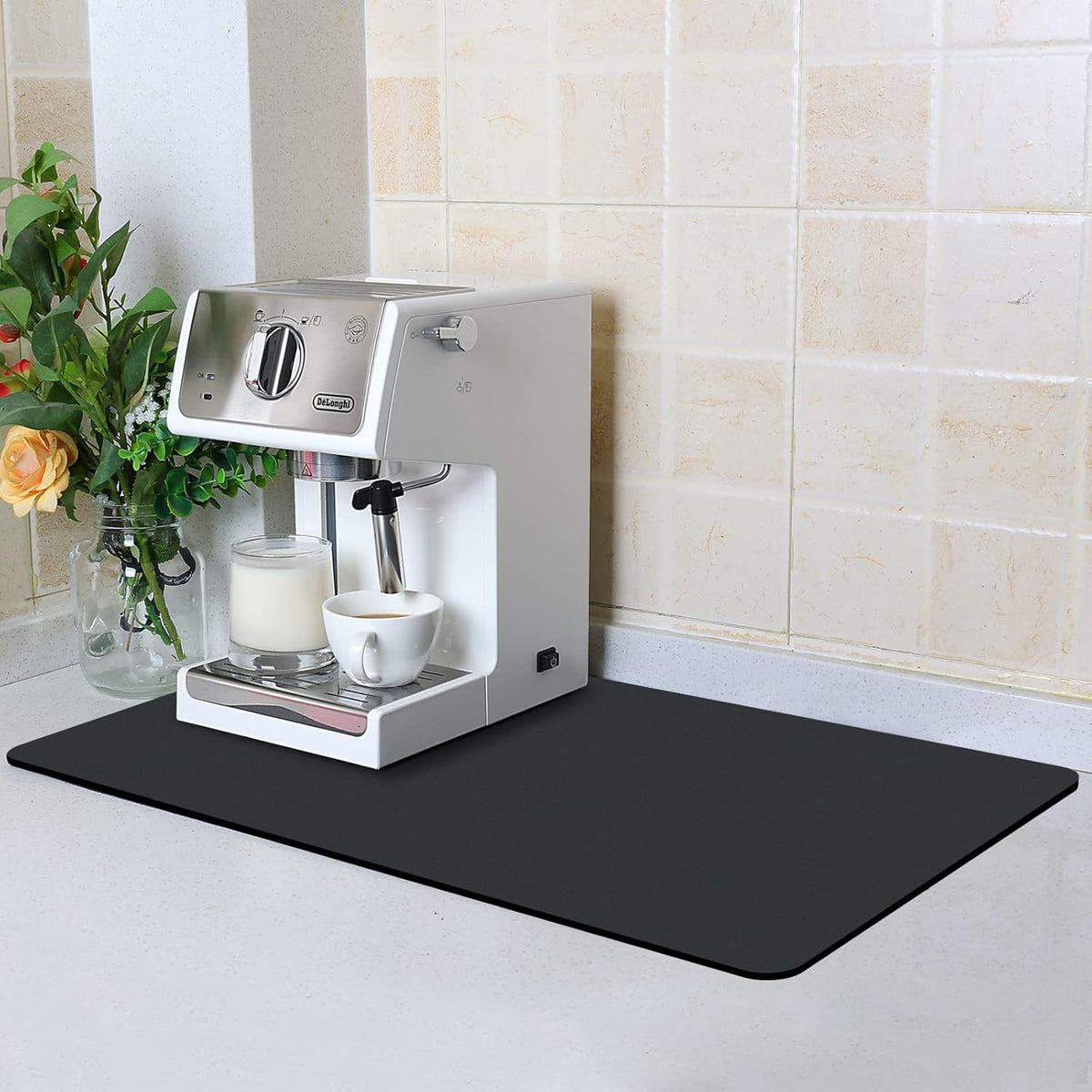ZLR Coffee Mat - 12" x 20" Middle Kitchen Hide Stain Absorbent Dish Drying Mat for Countertop - Easy to Clean Coffee Bar Mat for Espresso Machine and Spill Protection - Black