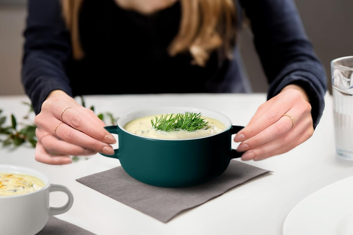 Kook Soup Crocks, Ceramic Bowls, Broil, Oven, Microwave and Dishwasher Safe, with Handles, For Casserole, Pasta, Cereal, 18 oz, Set of 4 (Hunter Green)