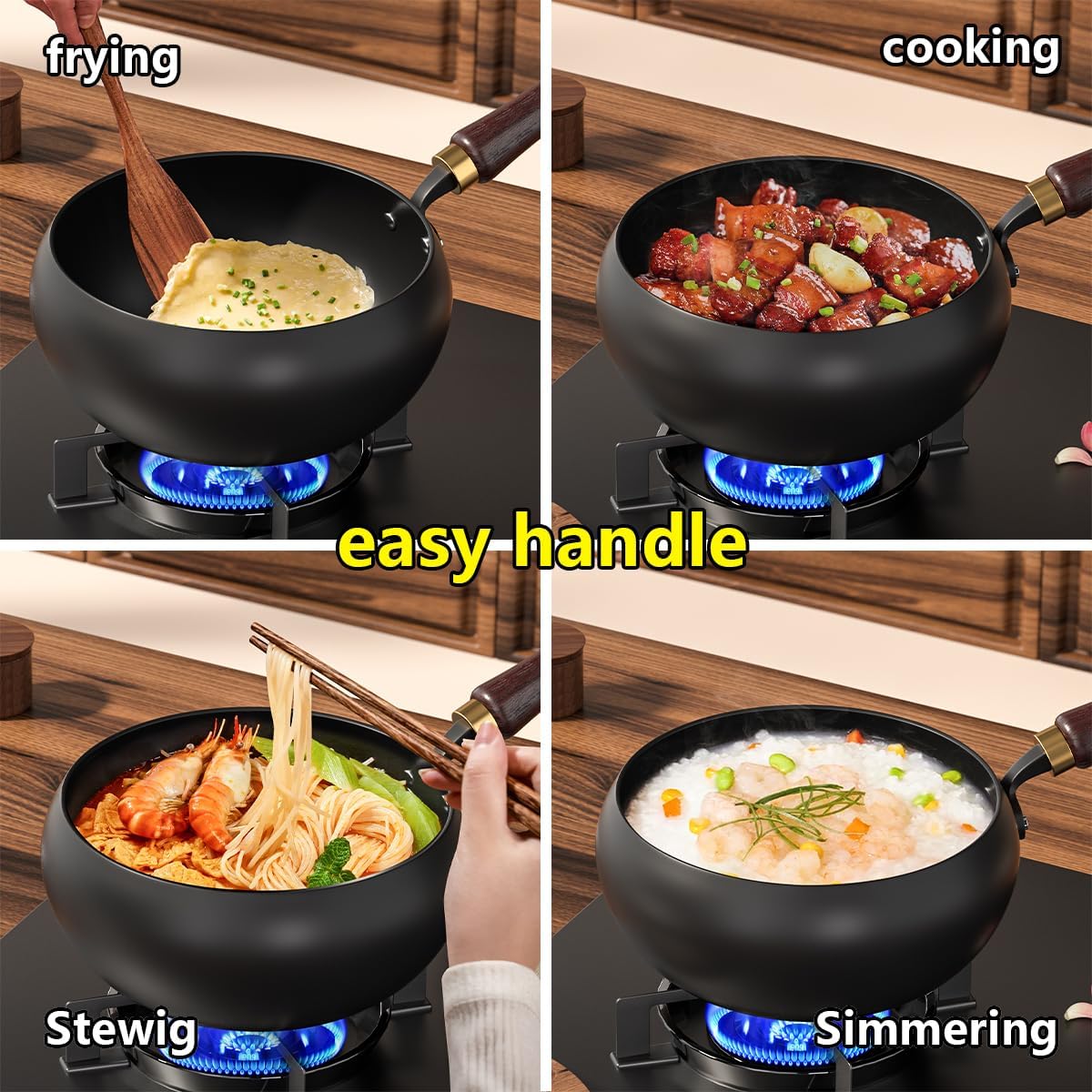 Pure Iron Wok, Uncoated Heats Evenly Multi-Purpose Frying Pan, Suitable for Any Stove, Oven or Even Camping Campfire with Lid and Wooden Handle