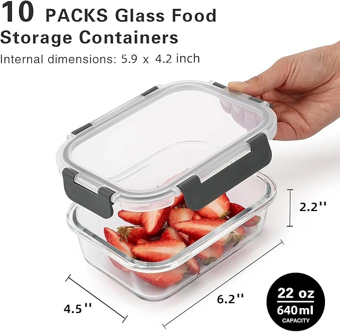 10 Pack 22 Oz Glass Meal Prep Containers with Lids, Reusable Glass Food Storage Containers with Lids, Leak Proof, Microwave, Oven, Freezer and Dishwasher Safe (Gray)