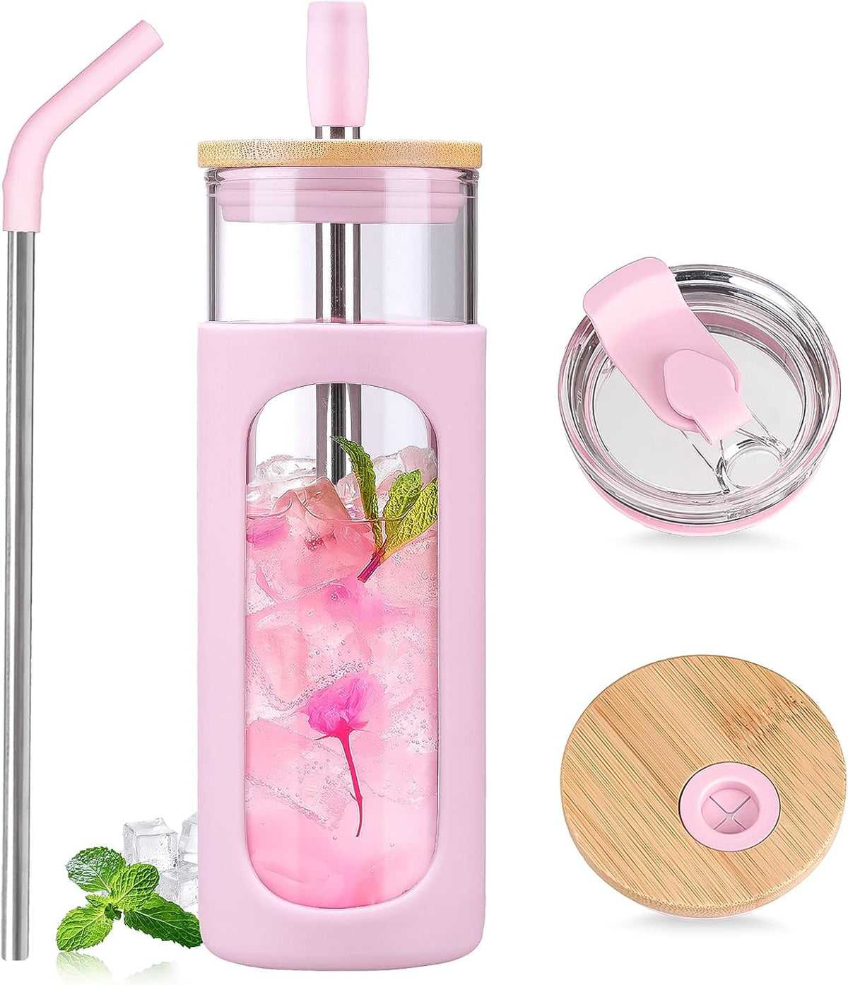 Kodrine 24oz Glass Tumbler with 2 Lids and Straws, Glass Cup With Bamboo Lid and On-the-go Lid, Reusable Iced Coffee Cup, Ideal for Smoothie, Cold Drinks, Fit Cup Holder, BPA Free (1, Pink)