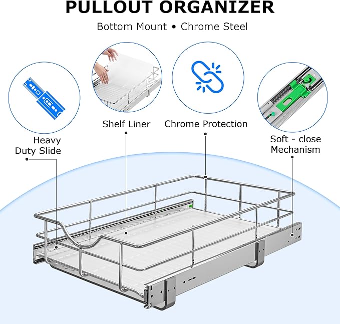 WelFurGeer Soft Close Slide Out Cabinet Shelf, 17" W x 22" D Pull Out Drawers for Kitchen Cabinets, Kitchen Shelf Organizer, Cupboard Organizers and Storage, Under Cabinet Pull Out Shelves