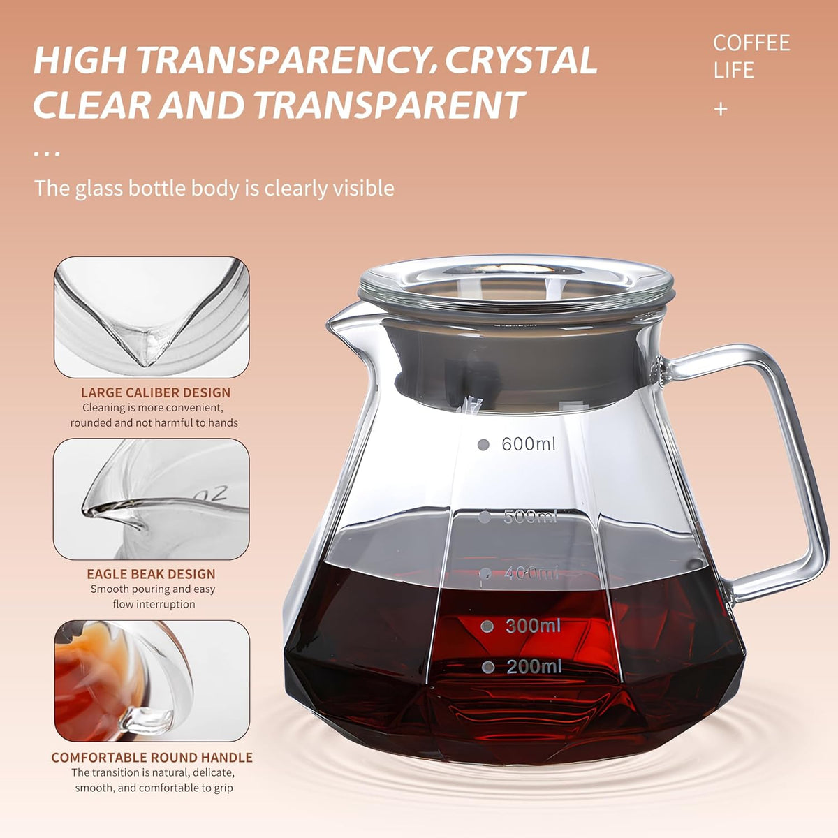 Glass Coffee Server for Drip Coffee Maker, Standard Glass Coffee Carafe, Coffee Pot with Lid, Clear, 02 600ml(20oz)