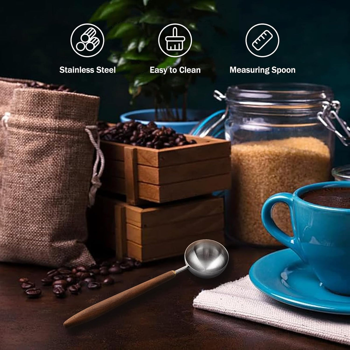 Coffee Spoon - Vintage Walnut Wood Handle, Stainless Steel Coffee Scoop ，Stainless Steel Tea Scoopand Seasoning Spoons (1, Silver, 5g Capacity)
