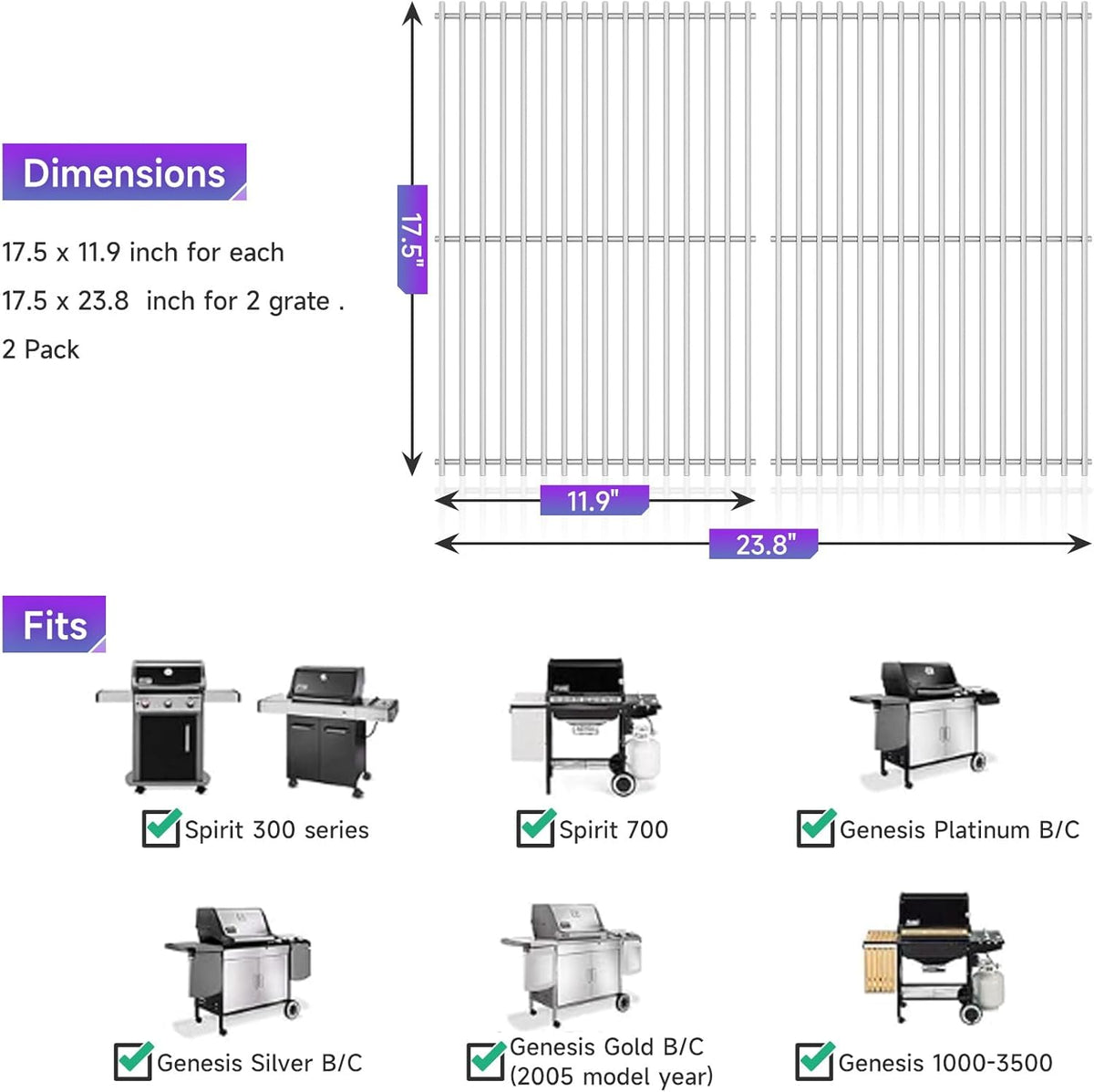 17.5 inch Stainless Steel Grill Cooking Grates Replacement Parts for Weber Spirit 300 Series, Genesis Silver/Gold/Platinum B/C, Genesis 1000-3500, I - IV, 7638, 7639, 2Pack