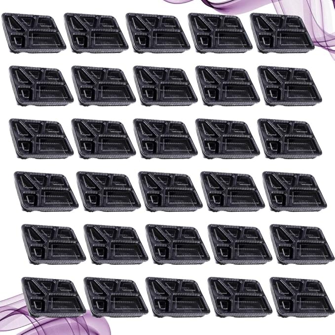 Hemoton 30pcs Disposable Bento Box 5 Compartment Meal Prep Container with Lid Microwave Heating Food Box for Home Restaurant (Black)