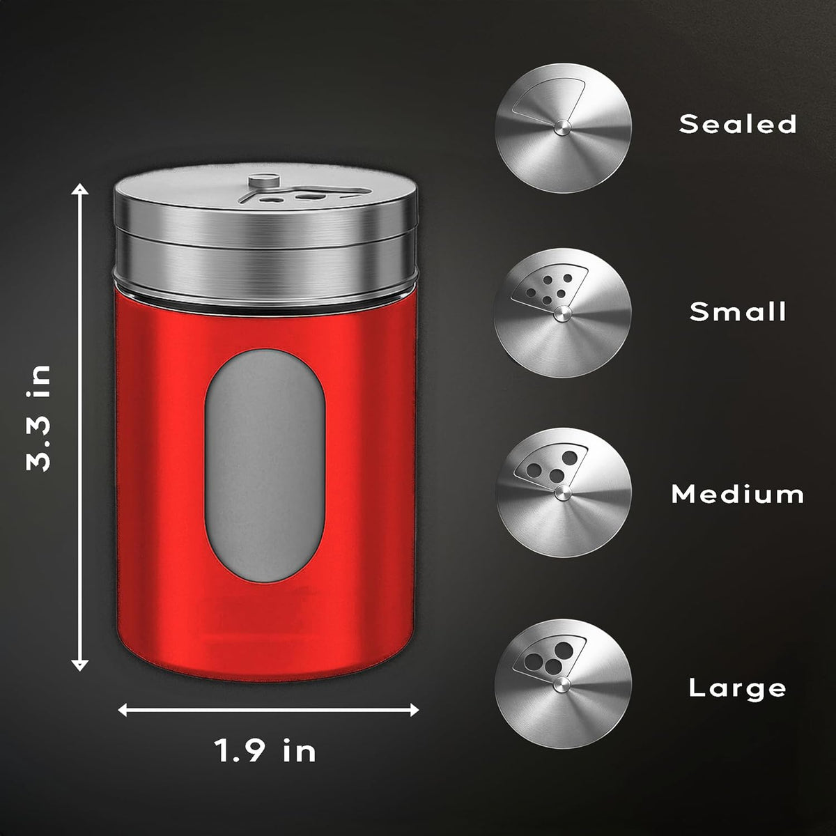 4-Piece Premium Stainless Steel Salt and Pepper Shakers Set – Adjustable Pour Holes Spice Dispenser for Salt, Sugar, Cinnamon, and Pepper – Stylish Kitchen Seasoning and Spice Shaker Set (Red)