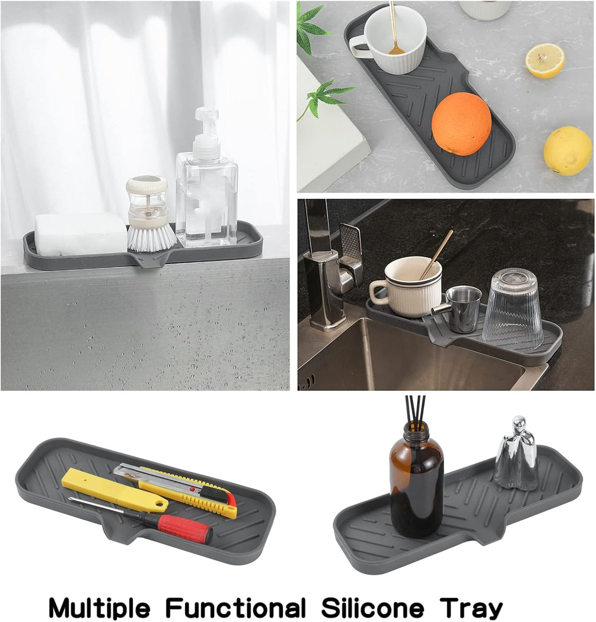 Silicone Bathroom Soap Dishes with Drain Spout-Bathroom and Kitchen Sink Organizer,Sponge Holder,Dish Soap Tray,Perfect for Dispenser,Scrubber,Bottle,Cup on Sink or Counter-Grey 12"×4"