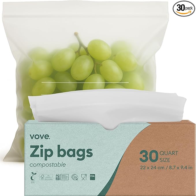 Vove Compostable Quart Bags, Large 30 Count – Freezer Safe, Leak Resistant, Non Toxic Food Storage for Leftovers & Meal Prep, Plastic-Free Eco Bags