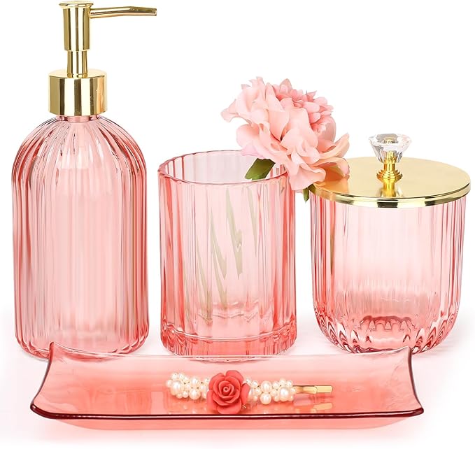 Haturi Bathroom Accessories Set, 4 Pcs Pink Glass Bathroom Accessories Sets Complete w/Lotion Soap Dispenser, Toothbrush Holder, Apothecary Jar, Vanity Tray, Bathroom Decor, Gift for Home Apartment
