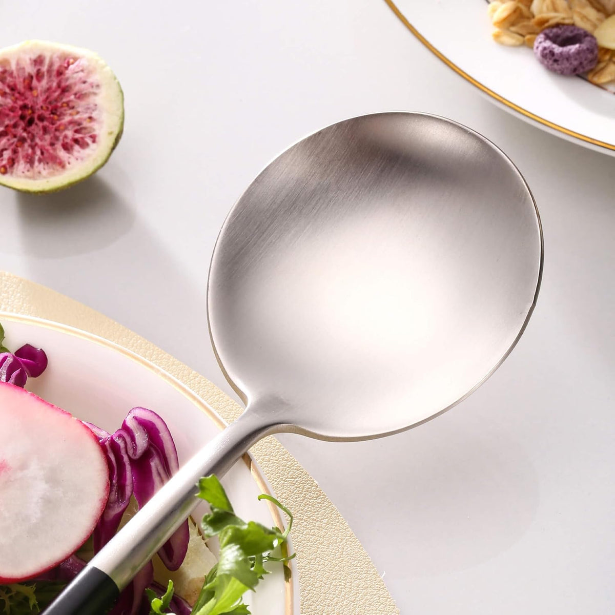 Silver Black Salad Serving Utensils,Serving Spoons Stainless Steel,2Pcs Long Handle Salad Servers 11.42 Inch,Salad Utensils for Serving,Matte Finish,Dishwasher Safe