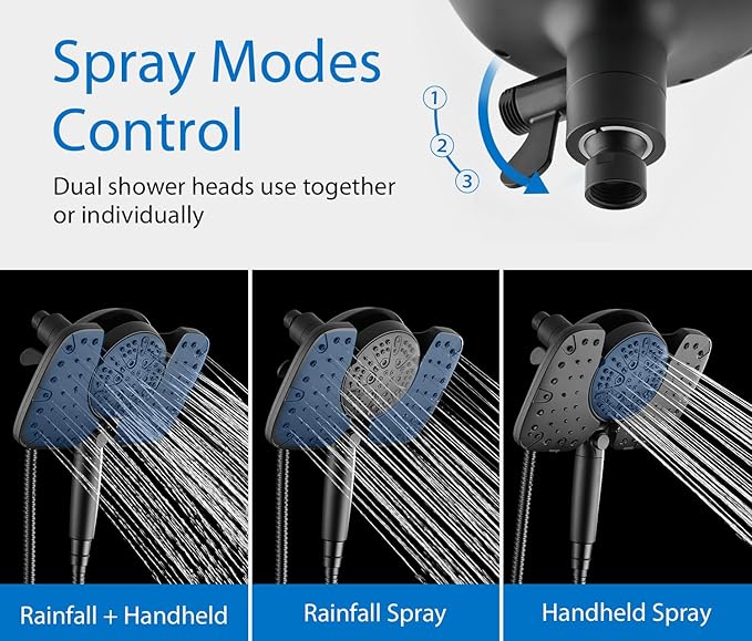 Black Shower Heads with Handheld Spray Combo 2.5GPM: 10” Rainfall Shower Head & Detachable Shower Head, 9 Spray Settings Handheld Shower Head with ON/OFF Switch and 15-Stage Filter
