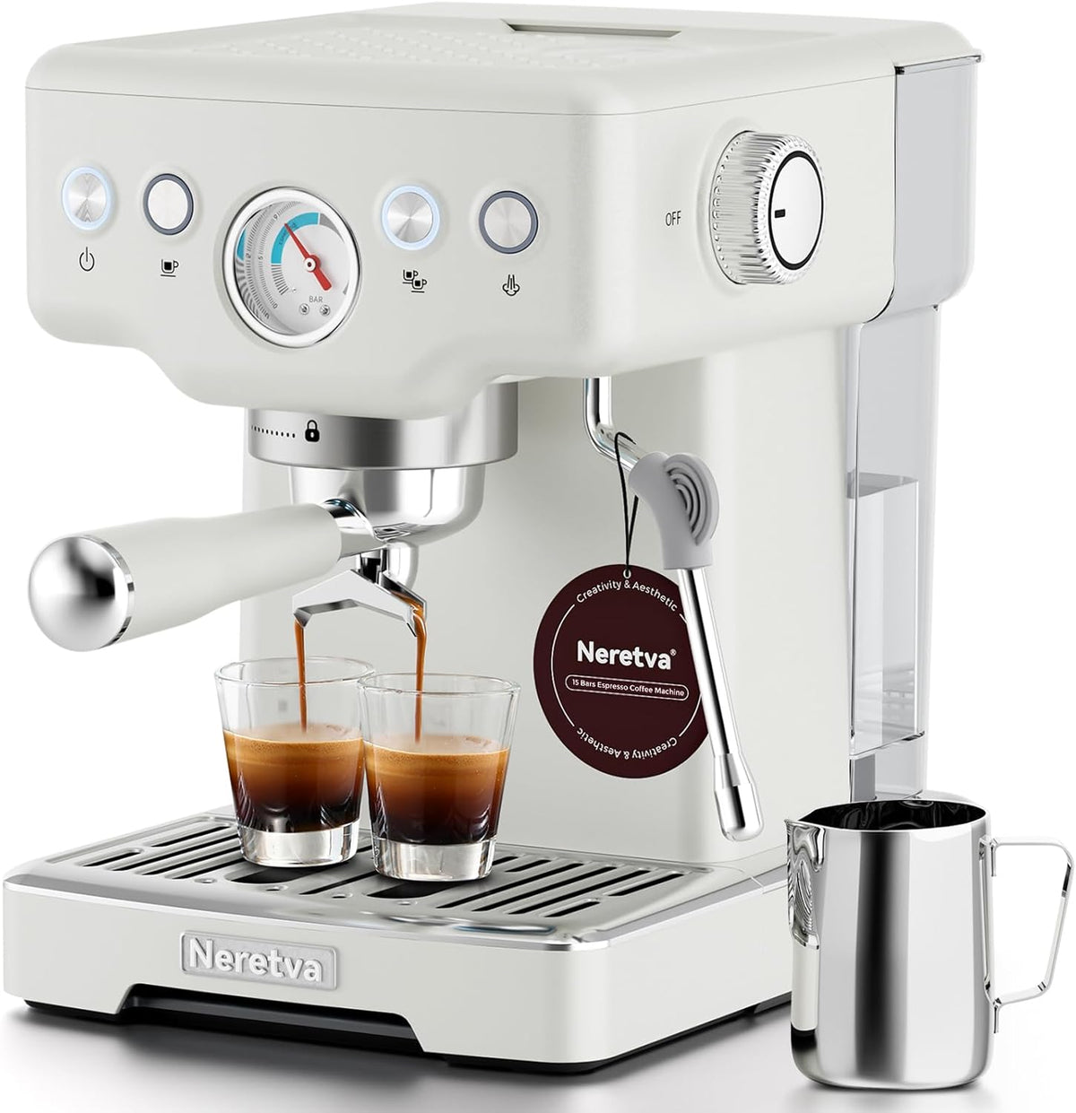 Neretva Espresso Machine, 15 Bar Espresso Coffee Machine with Visible Pressure Guage Professional Espresso Maker with Milk Frother & Stainless Steel for Home Barista Latte and Cappuccino Maker - White