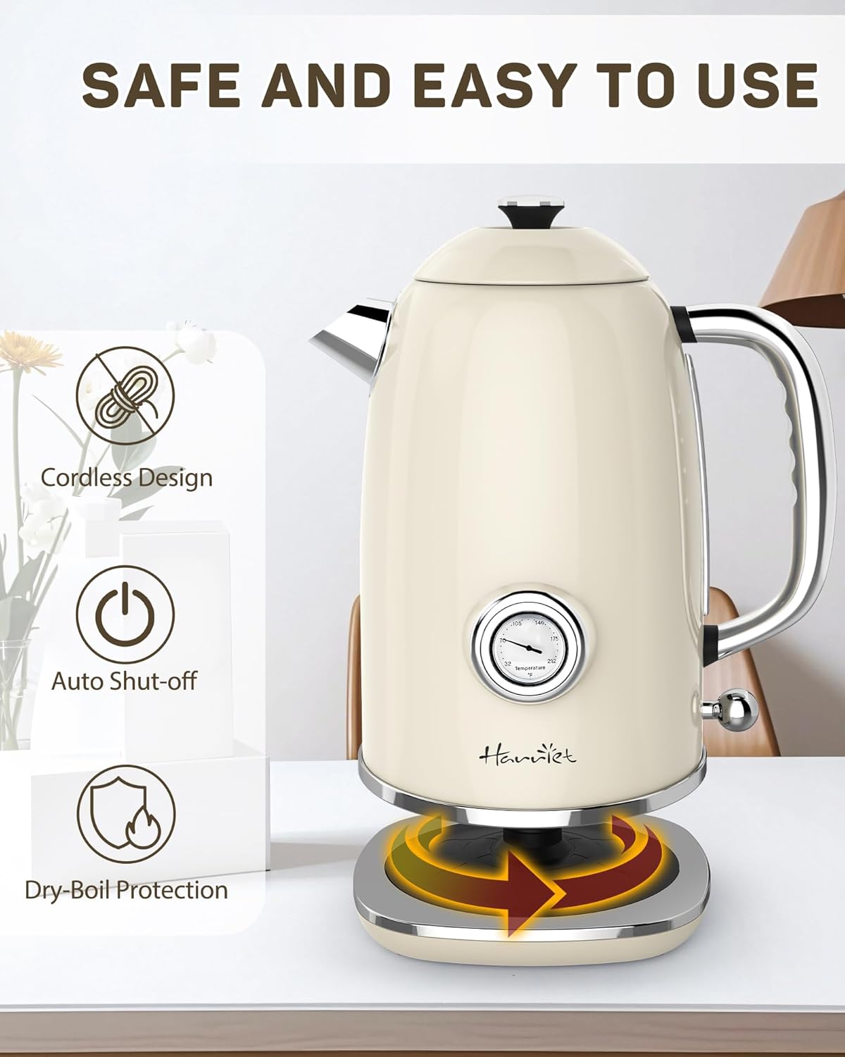 Harriet Electric Kettle, 1.8L Retro Electric Tea Kettle with Thermometer, 1500W Stainless Steel Hot Water Kettle Electric with LED Indicator, Fast Boiling, Cordless, Auto Shut-Off, Beige White