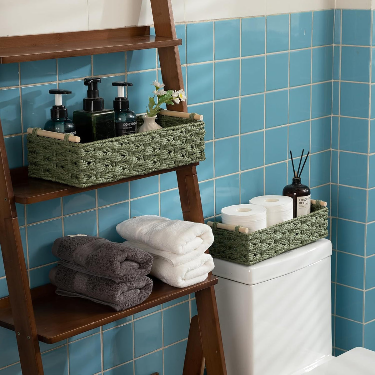 OIAHOMY Toilet Paper Baskets Handmade Paper Rope Decorative Wicker Storage Tank Shelf Cabinet Organizer for Bathroom Home, Set of 2, Green