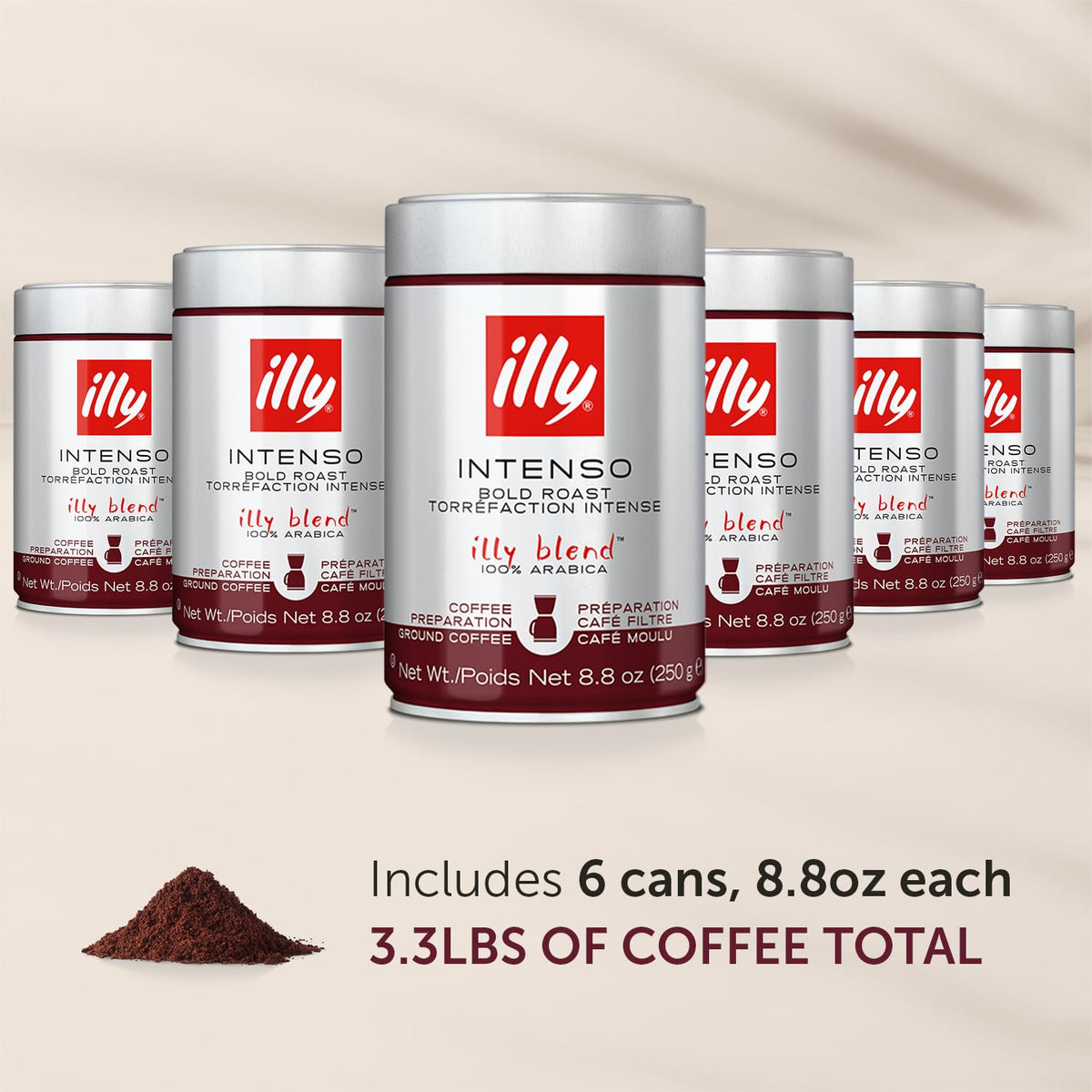 Illy Ground Drip Coffee - Intenso Bold Roast - Bold & Flavorful - 100% Arabica - Pre-Ground for Drip Pour Over - Pressurized Packaging Sealed for Freshness - 8.8oz (Pack of 6)
