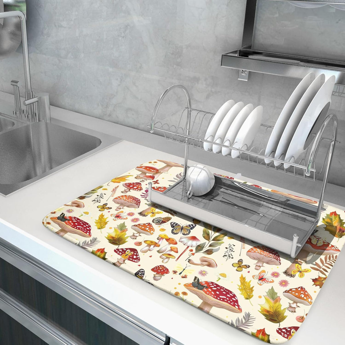 Magic Mushroom Dish Drying Mats Botanical Decorative Absorbent Drying Pad Microfiber Kitchen Sink Rack Mats 18 X 24 Inch