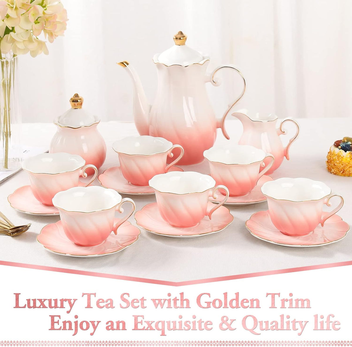 DUJUST 22 pcs Porcelain Tea Set for 6, Luxury British Style Tea/Coffee Cup Set with Golden Trim, Beautiful Tea Set for Women, Tea Party Set, Gift Package (With a Stand) - Gradient Pink