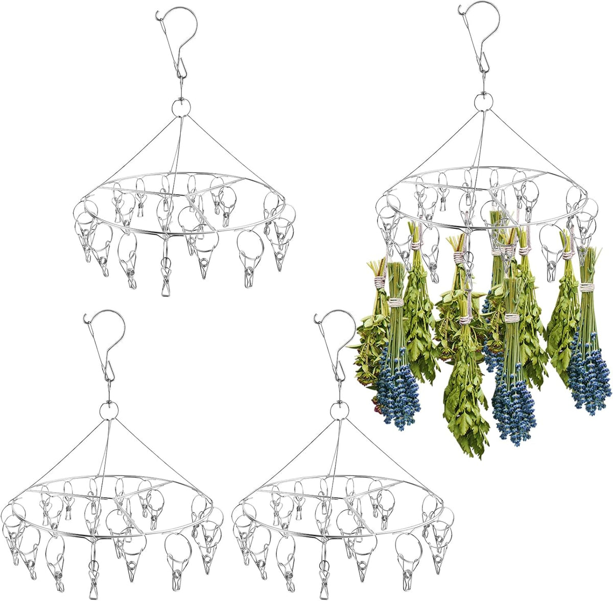 4Pcs Hanging Herb Drying Rack for Herb, Stainless Steel Herb Drying Rack with 20 Hooks, Flower Drying Rack for Herbs, Space Saving Herb Dryer for Fresh and Aromatic Herbs(Round), RHB-001