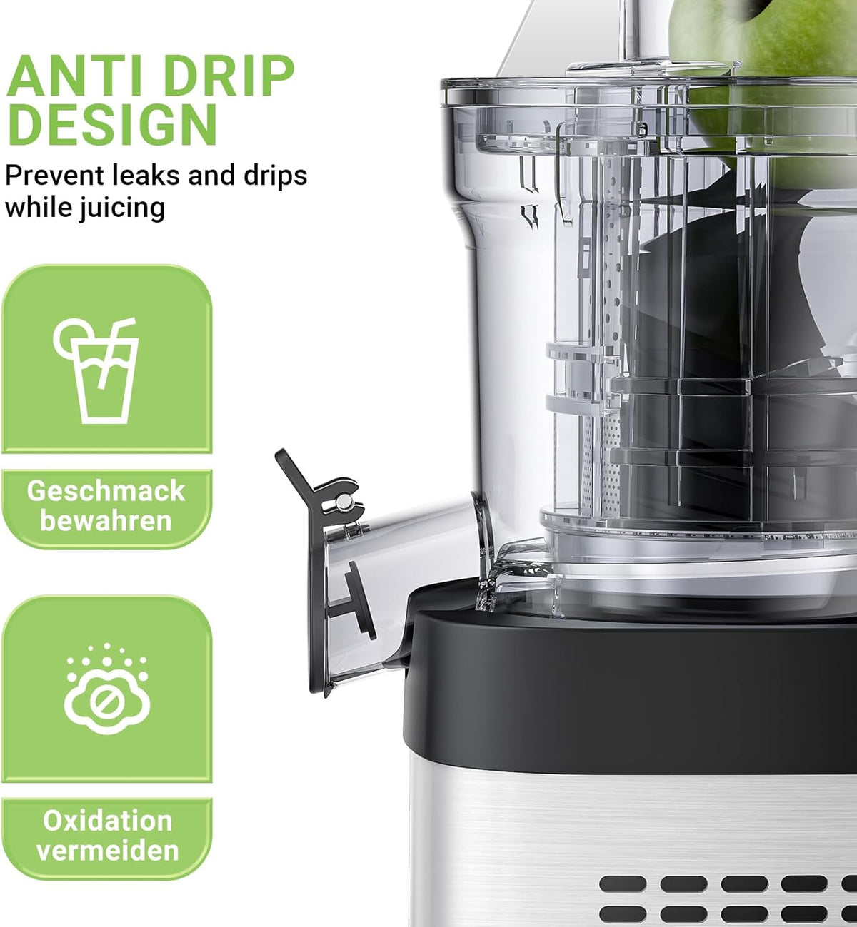 AMZCHEF Cold Press Juicer, 3.1" Juicer Machines with Large Feed Chute for Whole Fruits & Vegetables, Stainless Steel Juice Extractor with Large Auger, Dual Strainers, Easy Cleanup & Assembly