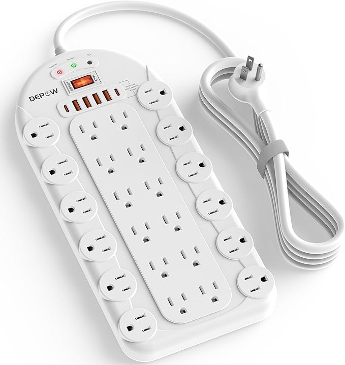 Power Strip Surge Protector (3,400 Joules), DEPOW 24 AC Multiple Outlets (1875W/15A) with 6 USBs (2 USB-C Ports), 8 Ft Long Heavy Duty Extension Cord, Flat Plug, Wall Mount for Home, Office, White