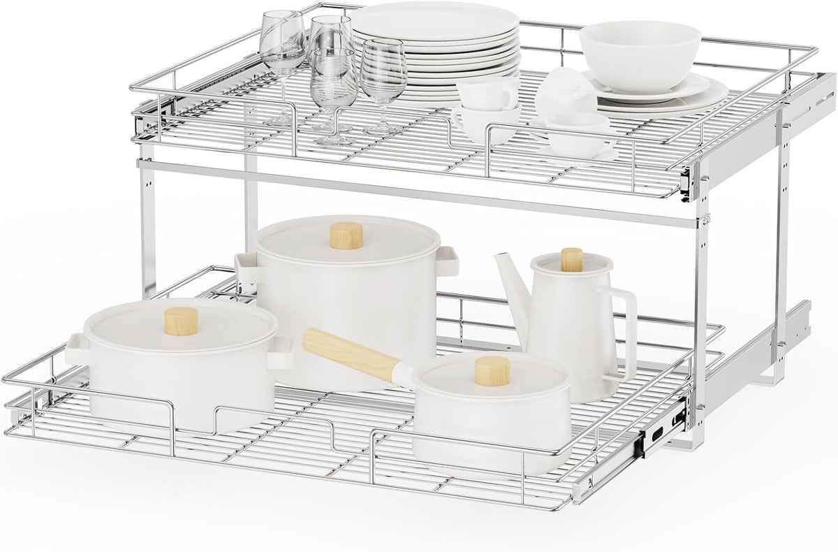 ROOMTEC Individual Pull Out Cabinet Organizer (27" W x 21½" D), 2 Tier Spice Rack Organizer for Cabinet, Slide Out Drawer Pantry Shelf Organization and Storage for Kitchen Bathroom
