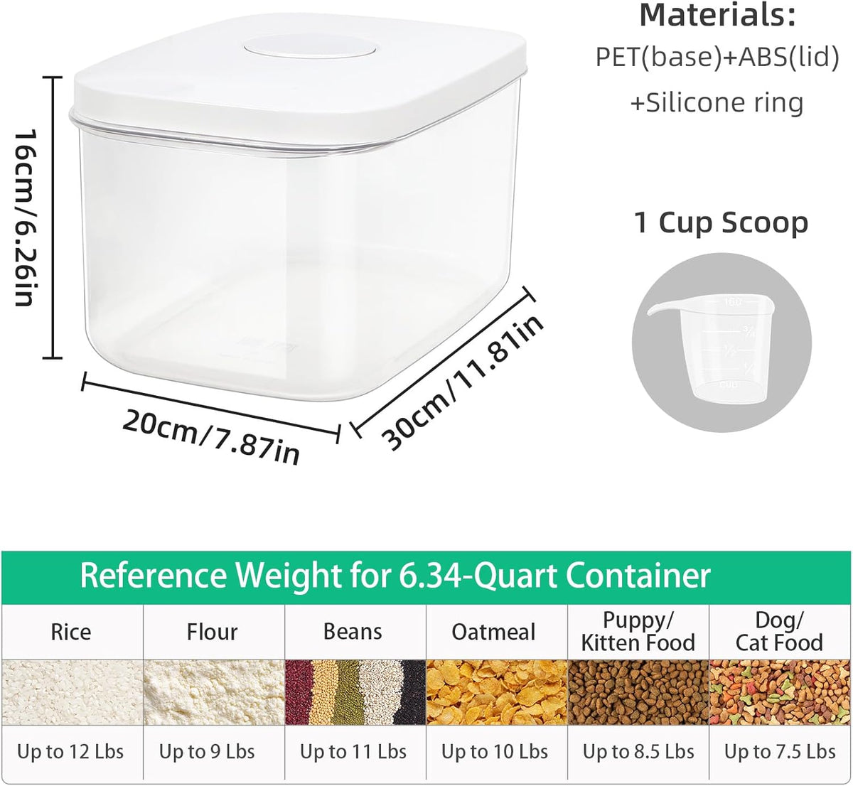 Airtight Flour Container 12 Lbs, Clear PET Plastic Food Storage Container Bin with Pop Up Lids For Rice Flour Sugar, Dry Food Holder for Kitchen Pantry Organization and Storage