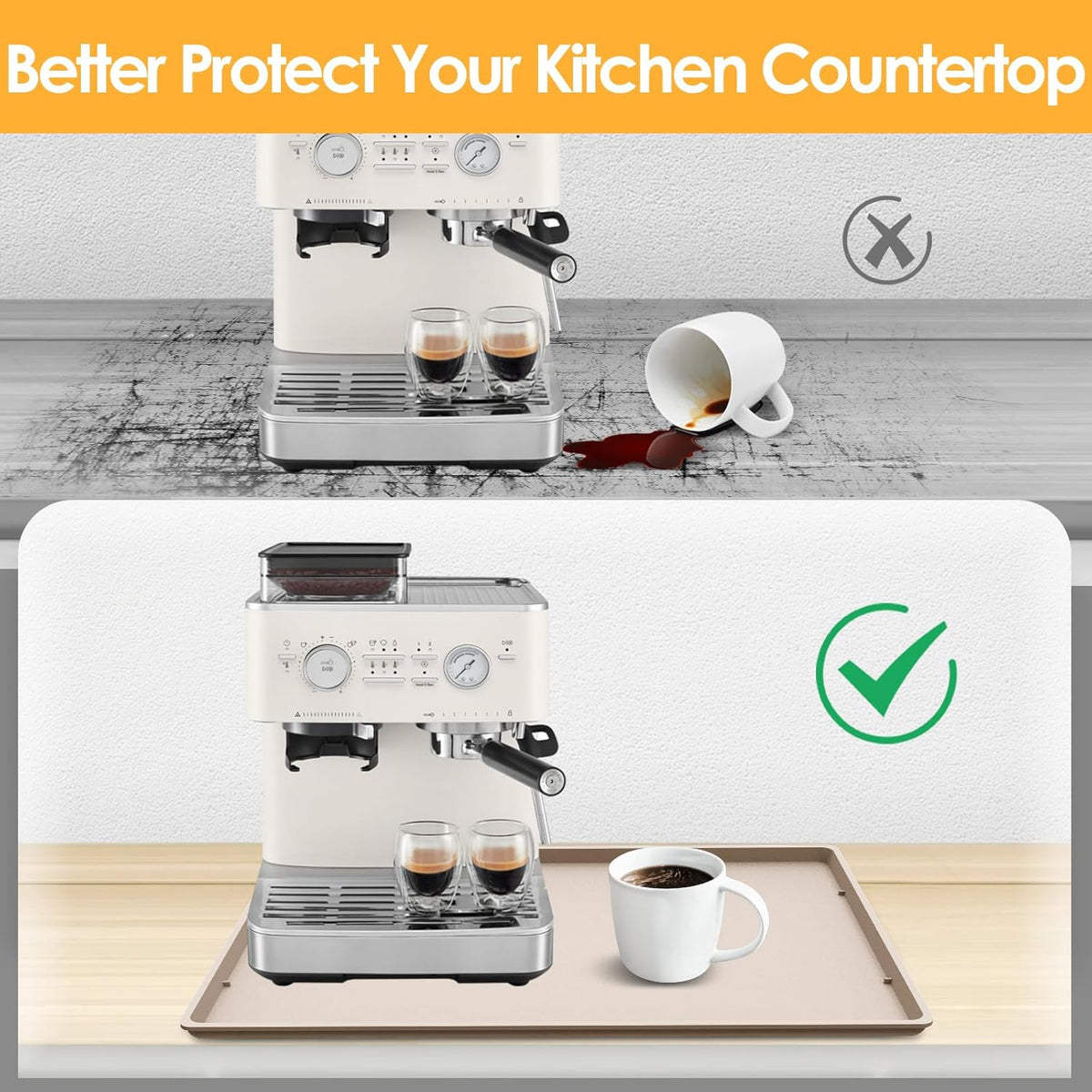 Silicone Coffee Maker Mat with Lip, 19.7'' x 15'' Heavy Duty Coffee Maker Mat for Countertops, Coffee Tray Fit Under Coffee Machine Appliance Automatic Machines Espresso Accessory, Khaki