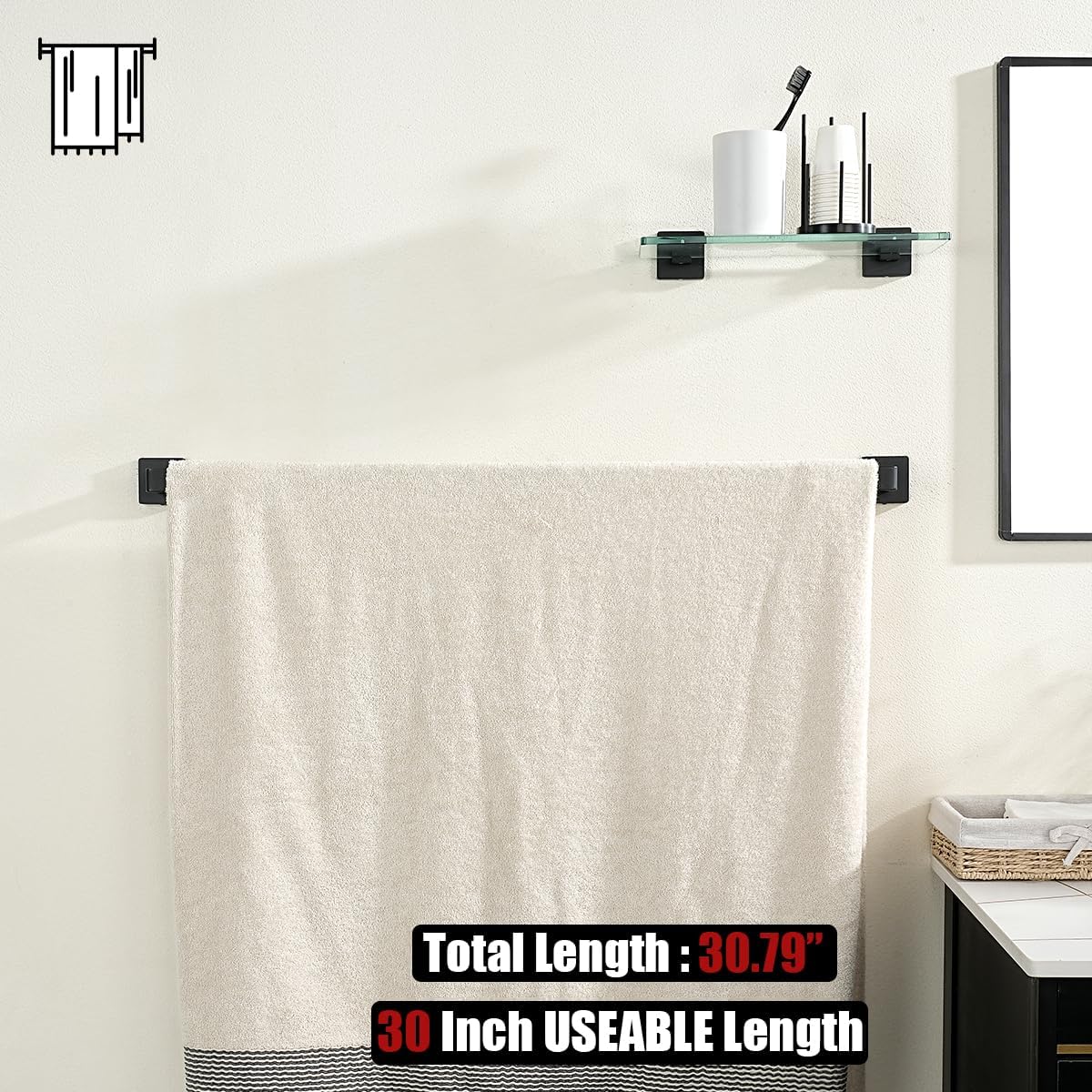 JQK Black Towel Bar, Rounded Edges 32.41 Inch Towel Rack, 304 Stainless Steel Bathroom Wall Mount, Useable Length 30 Inch, TB250L30-PB