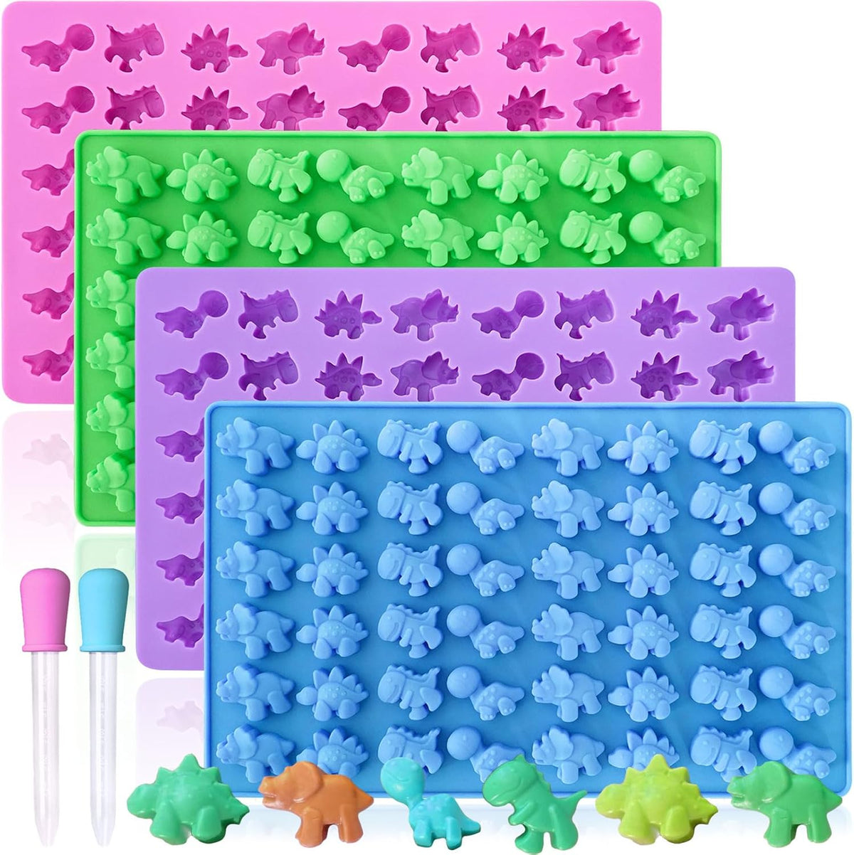 HKNMTT Gummy Dinosaur Molds Silicone, Mini Cute Dinosaur Shaped Candy Chocolate Molds With 2 Droppers, 4 Pack 192 Cavities Non-stick BPA free Bite Size Animal Kid Molds, DIY Candy Making Kit