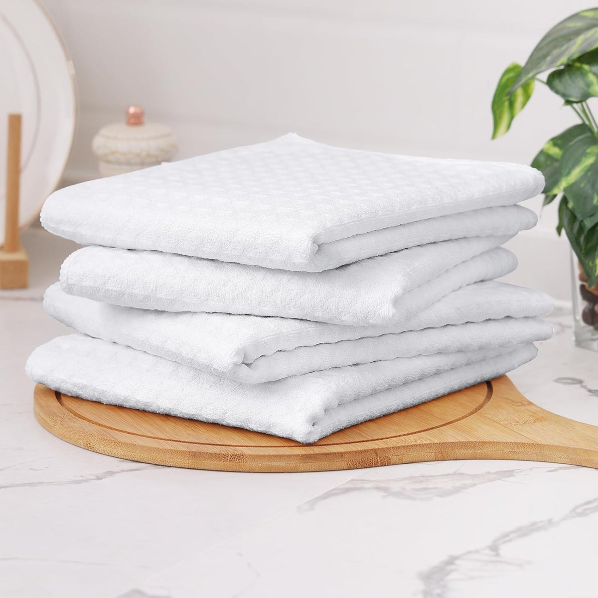 Homaxy Microfiber Waffle Weave Kitchen Towels, 16 x 28 Inch Ultra Absorbent and Solid Color Dish Towels, 4 Pack, White