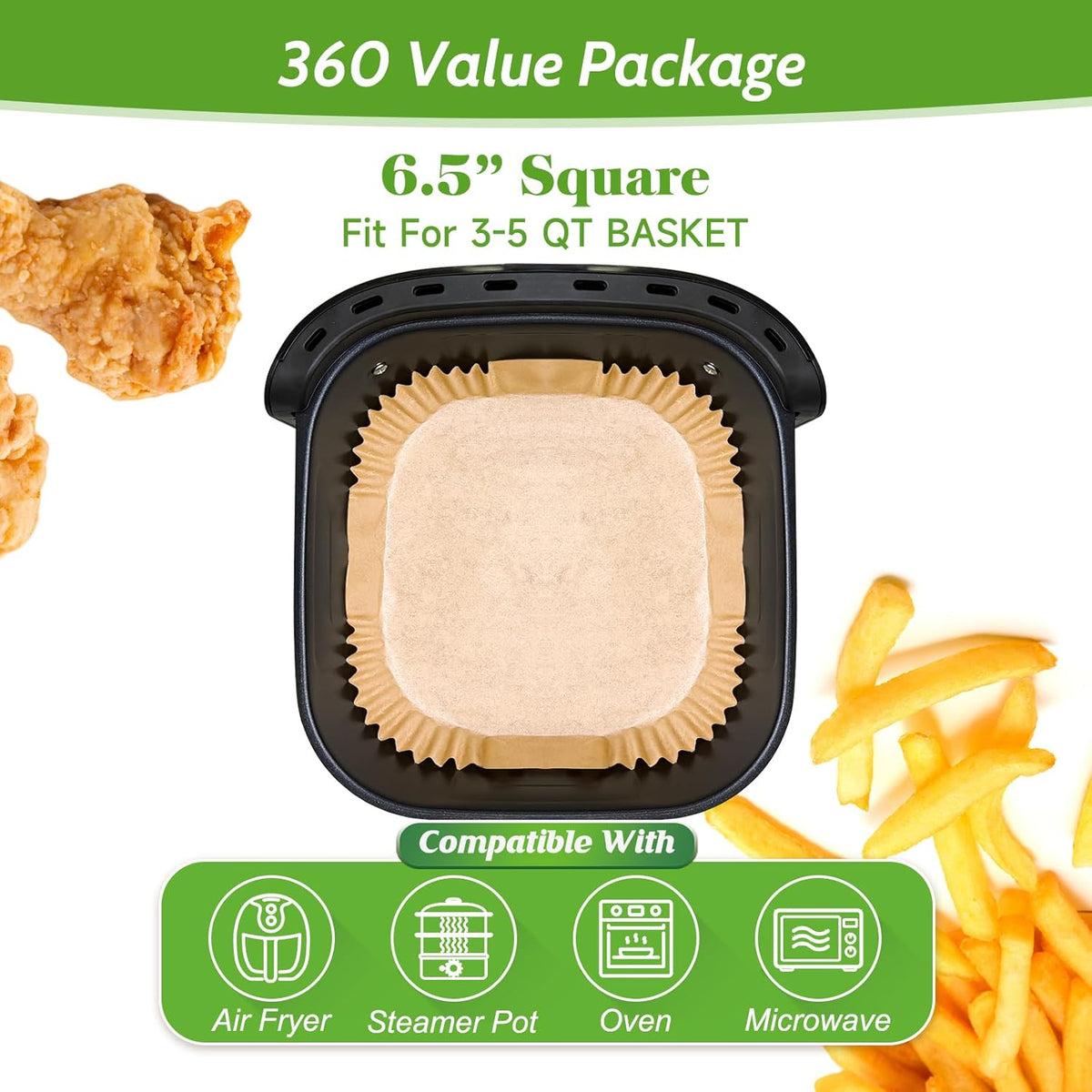 360 Pcs 6.5” Square Unbleached Heavy Duty Air Fryer Paper Liners Disposable, Non-Stick & Non-Leak Parchment Paper Liners for Airfryer Basket, Deep Fryer Parts & Accessories