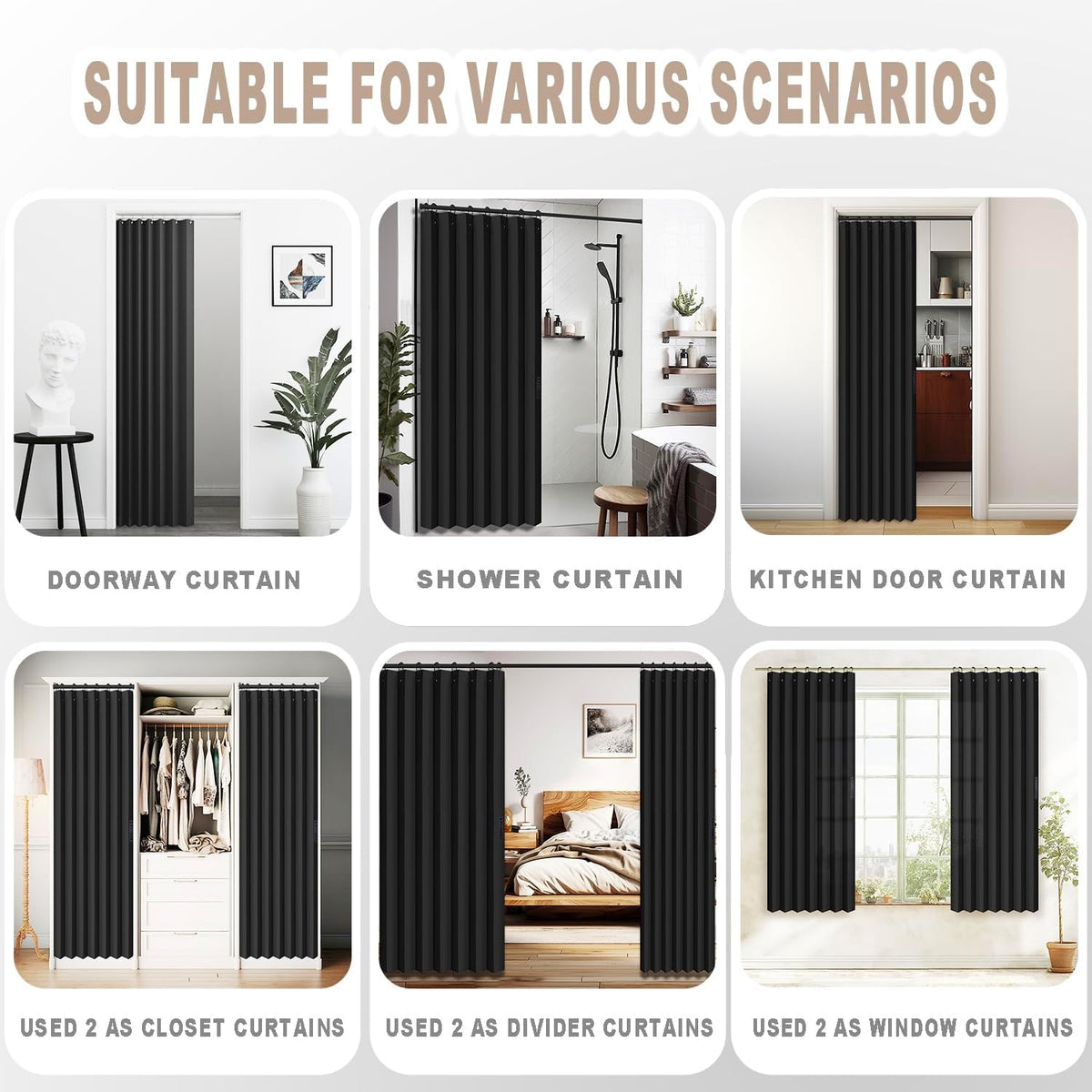 Vatge Doorway Curtains Privacy - Black Curtains for Closets Without Doors Room Divider for Doorway, Hanging Privacy Curtain Wall for Room Separation,1 Panel with Tieback, W52 x L78, Black