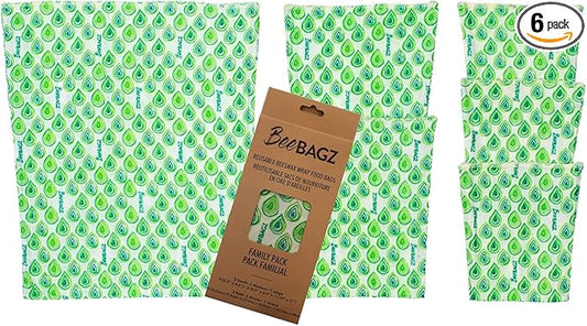 Beeswax Wrap Storage Bag, Reusable Food Storage Bags, Pack of 6, Plastic Free Biodegradable Food Wrap Alternative, Family Pack, 3 Small + 2 Medium + 1 Large, (Green)