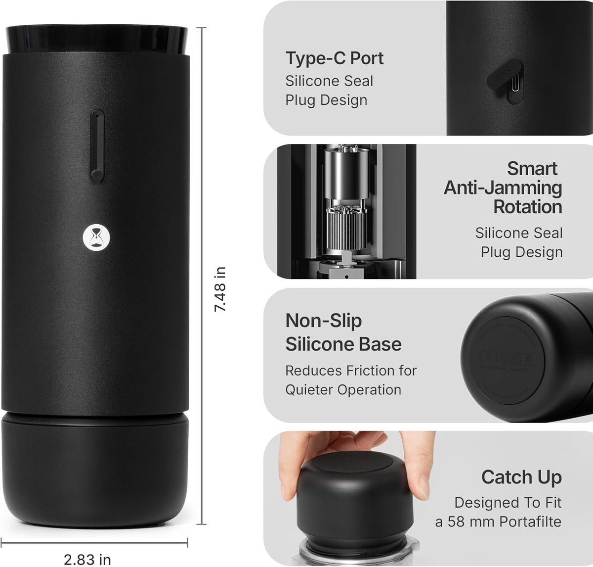 TIMEMORE Electric Coffee Grinder Portable - Adjustable Burr Grinder with 30 Precise Settings, Auto Stop & Clog Protection for Espresso, Pour-Over, French Press Moka,for Home Outdoor Use（Black）