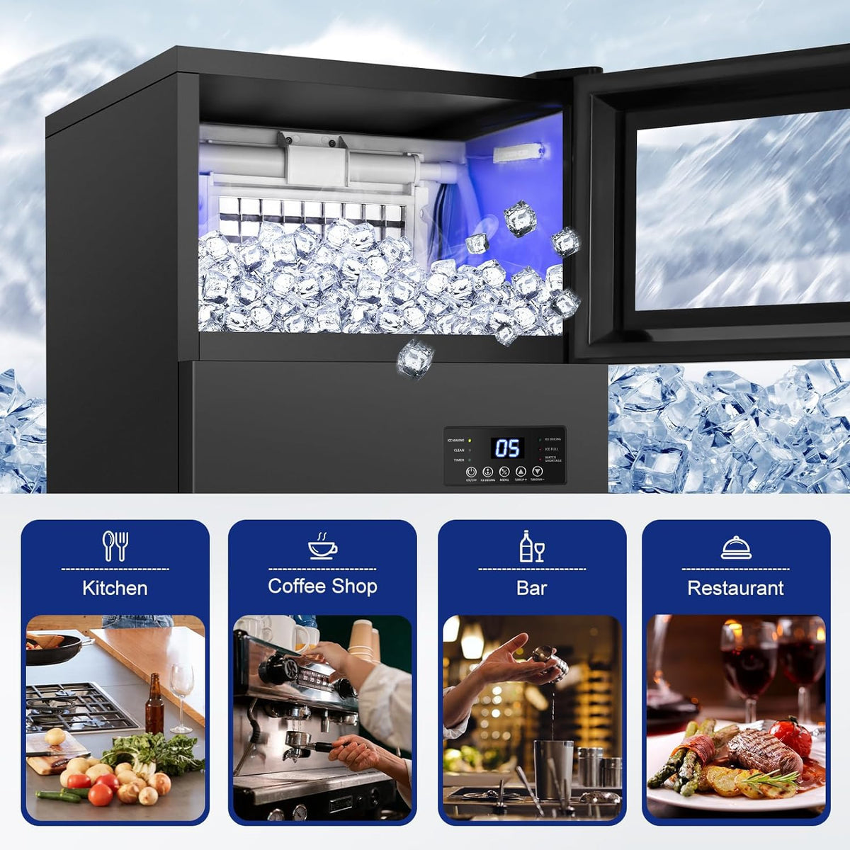 Commercial Ice Maker 160 LBS/24H, 15" Wide Under Counter Ice Maker with 35LBS Ice Storage Capacity, Commercial Ice Machine 63Pcs Clear Ice Cubes Built-in or Freestanding Large Ice Machine