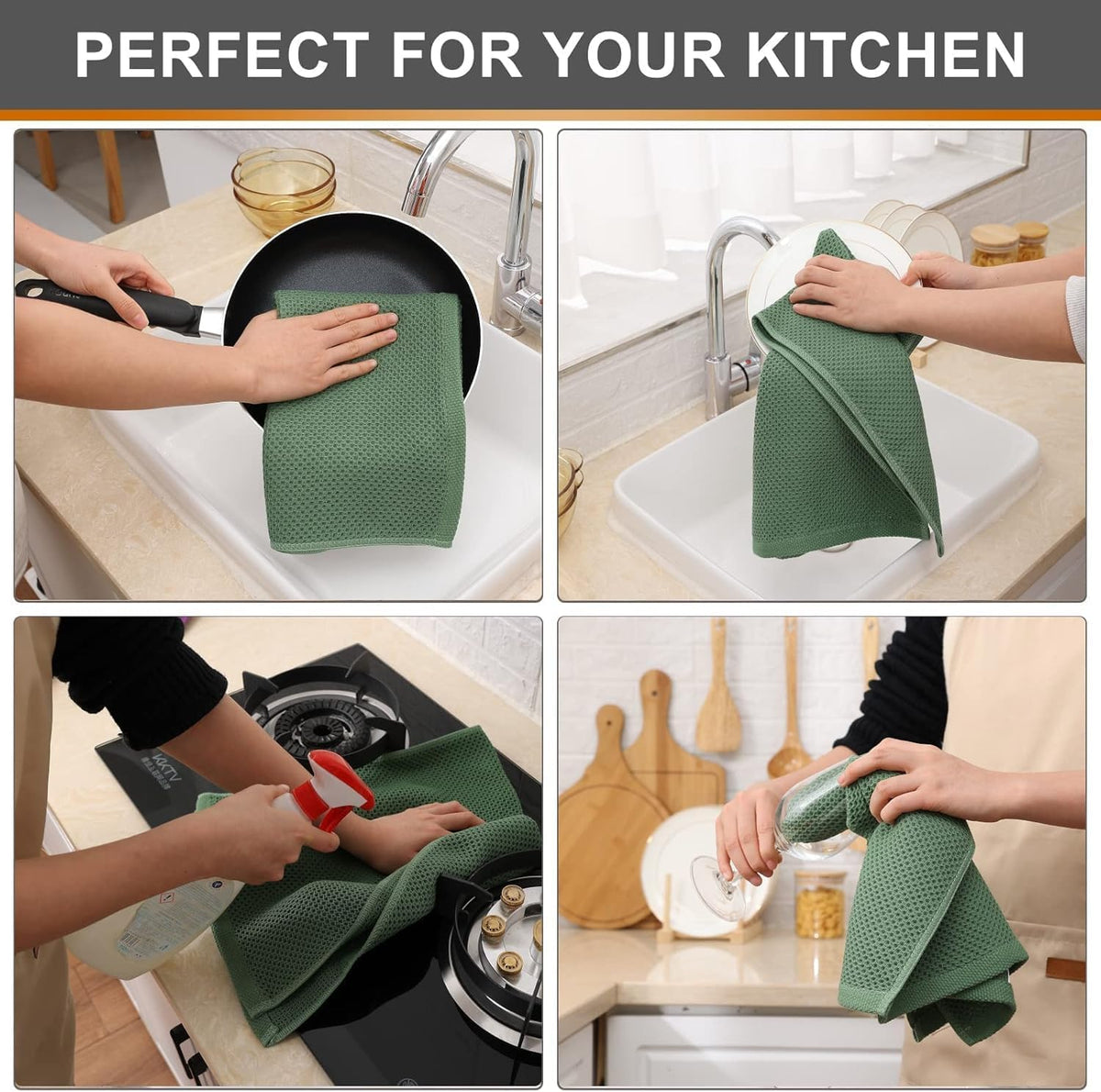 Kitinjoy 100% Cotton Waffle Weave Kitchen Towels, 12-Pack Super Soft and Absorbent Dish Rags for Drying Dishes, Kitchen Hand Towels, 13 in x 28 in, Grass Green