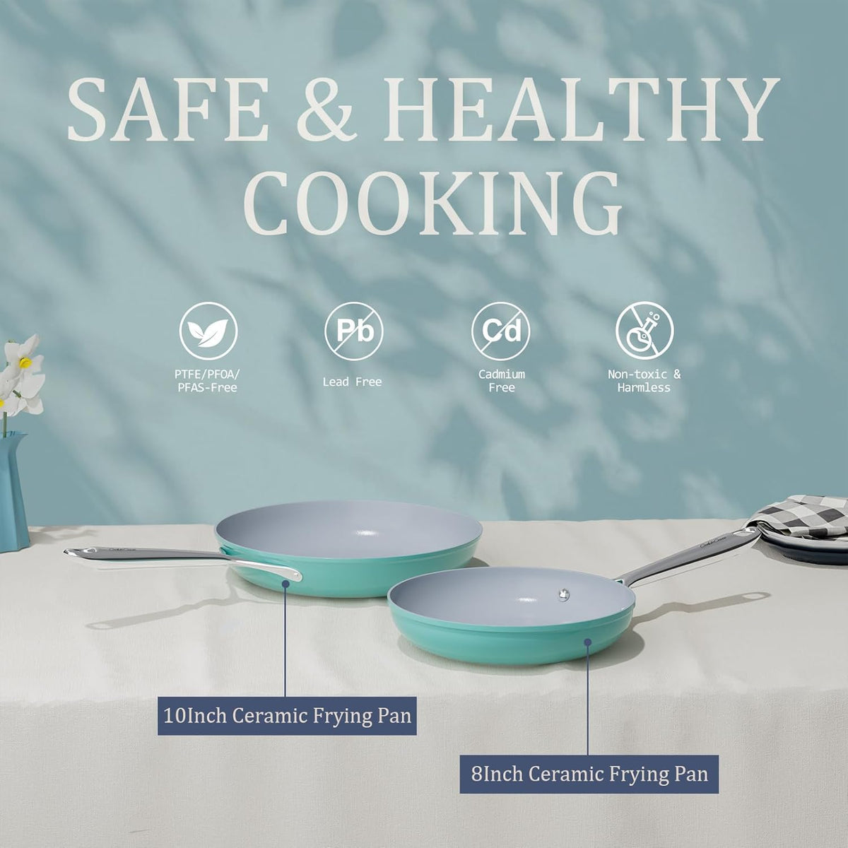 Nonstick Ceramic Frying Pan 10 Inch for Induction Cooktop - Non Toxic, PTFE/PFOA/PFAS Free, Oven & Dishwasher Safe up to 500°F - Non Stick Skillet with Stay-Cool Handle - Caribbean Blue