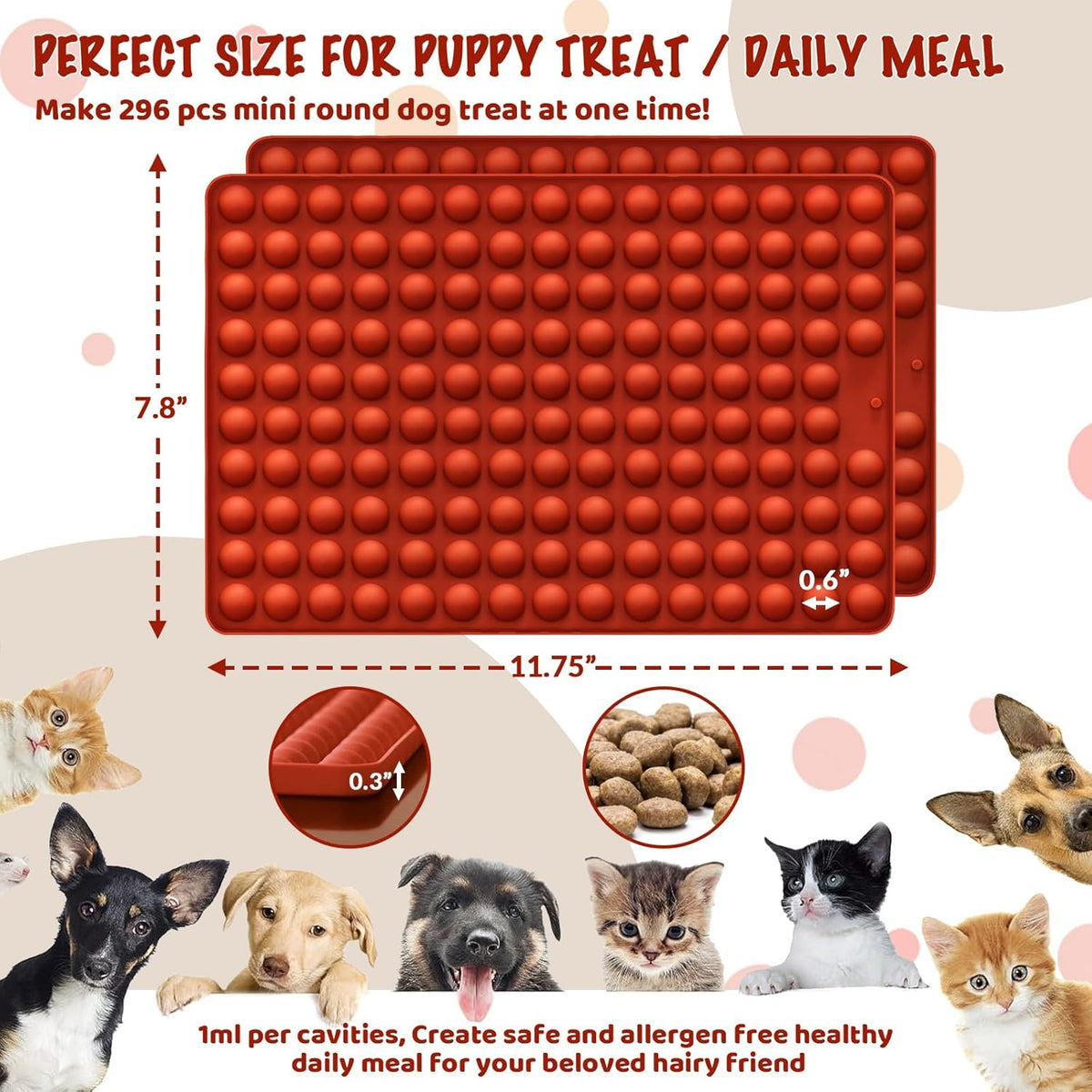 HKNMTT Mini Semi Sphere Shape Molds Silicone, 296 Cavities Round Baking Moulds for Dog Treats Snack Candy Chocolate Chip Cookie Wax Yogurt Melts, Oven Safe Small Half Ball Pellet Sheets
