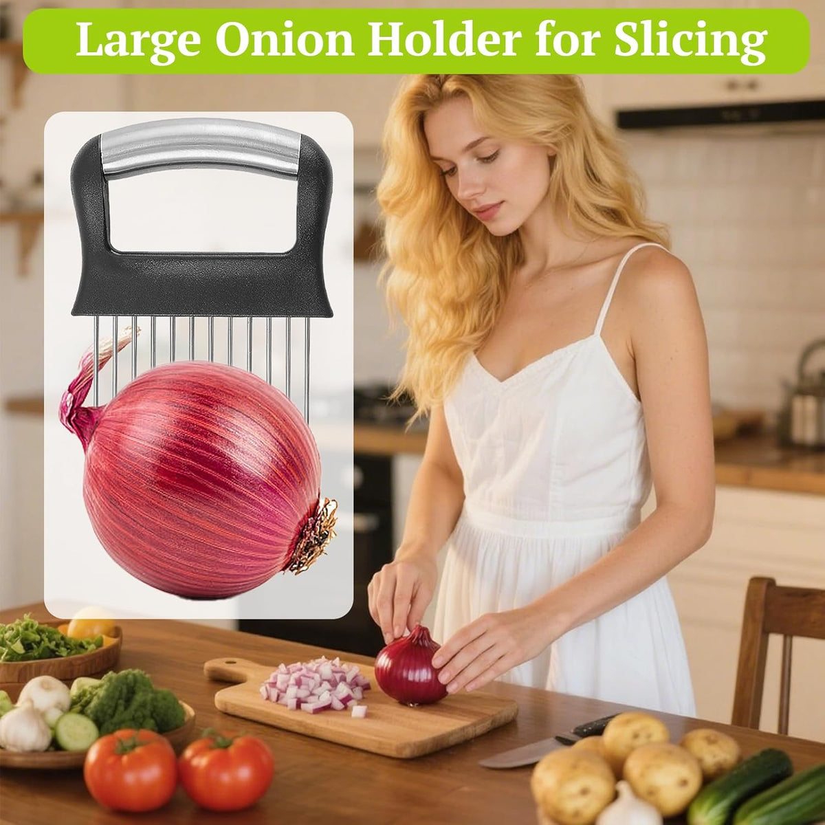 Suuker Onion Holder for Slicing, 2 Pieces Large Onion Cutter Vegetable Chopper, Stainless Steel Tomato Slicer for Potato Lemon, Meat Tenderizer Tool, Kitchen Food Slicer Guide for Neat Slicing
