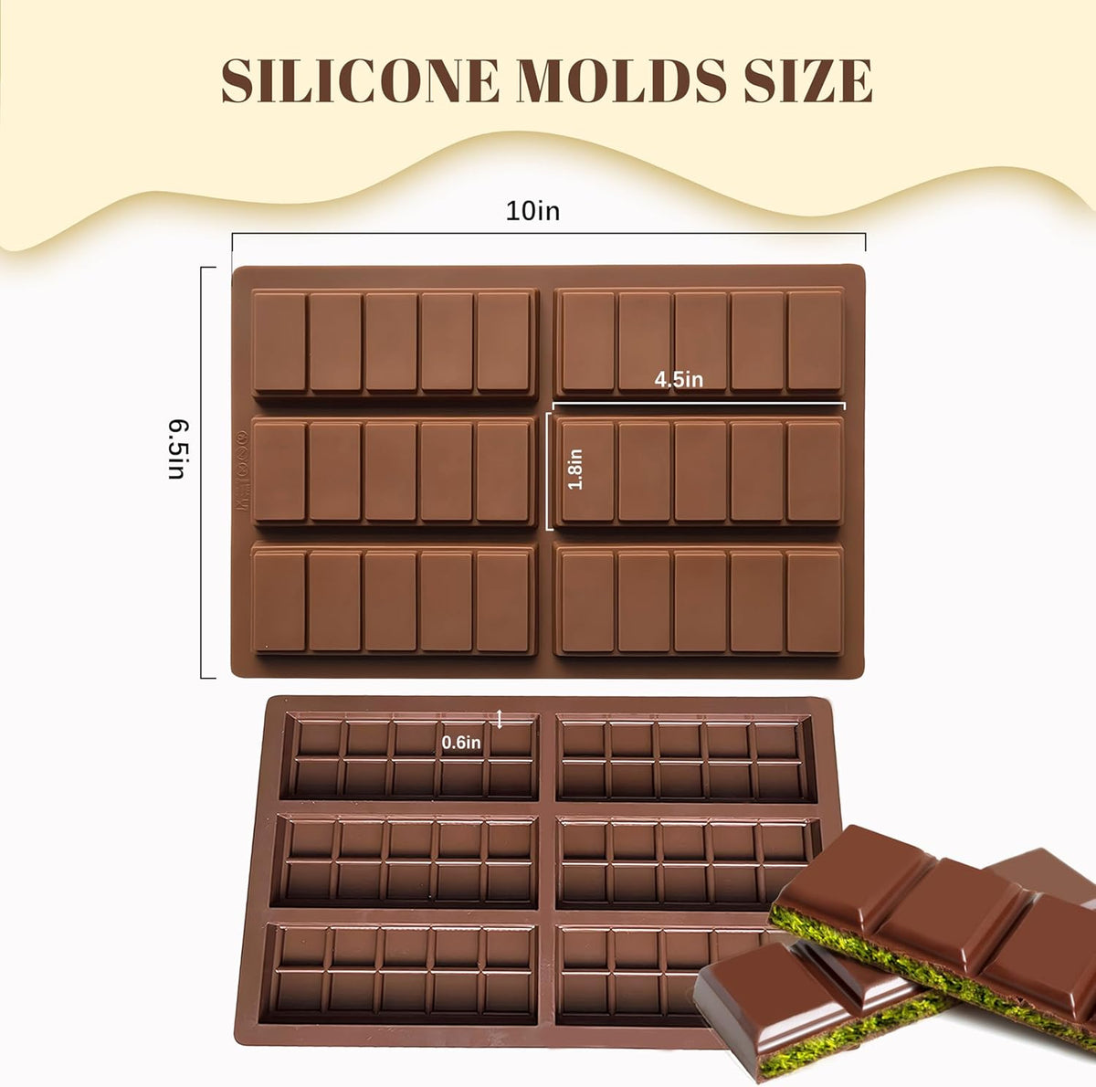 2 Pack Chocolate Bar Mold Deep for Stuffed Bar, Non-Stick Thick Chocolate Molds, Silicone Chocolate Candy Molds for Knafeh Pistachio Chocolate Bar, Candy, DIY Handmade Gifts (5 Snap+10 Snap)