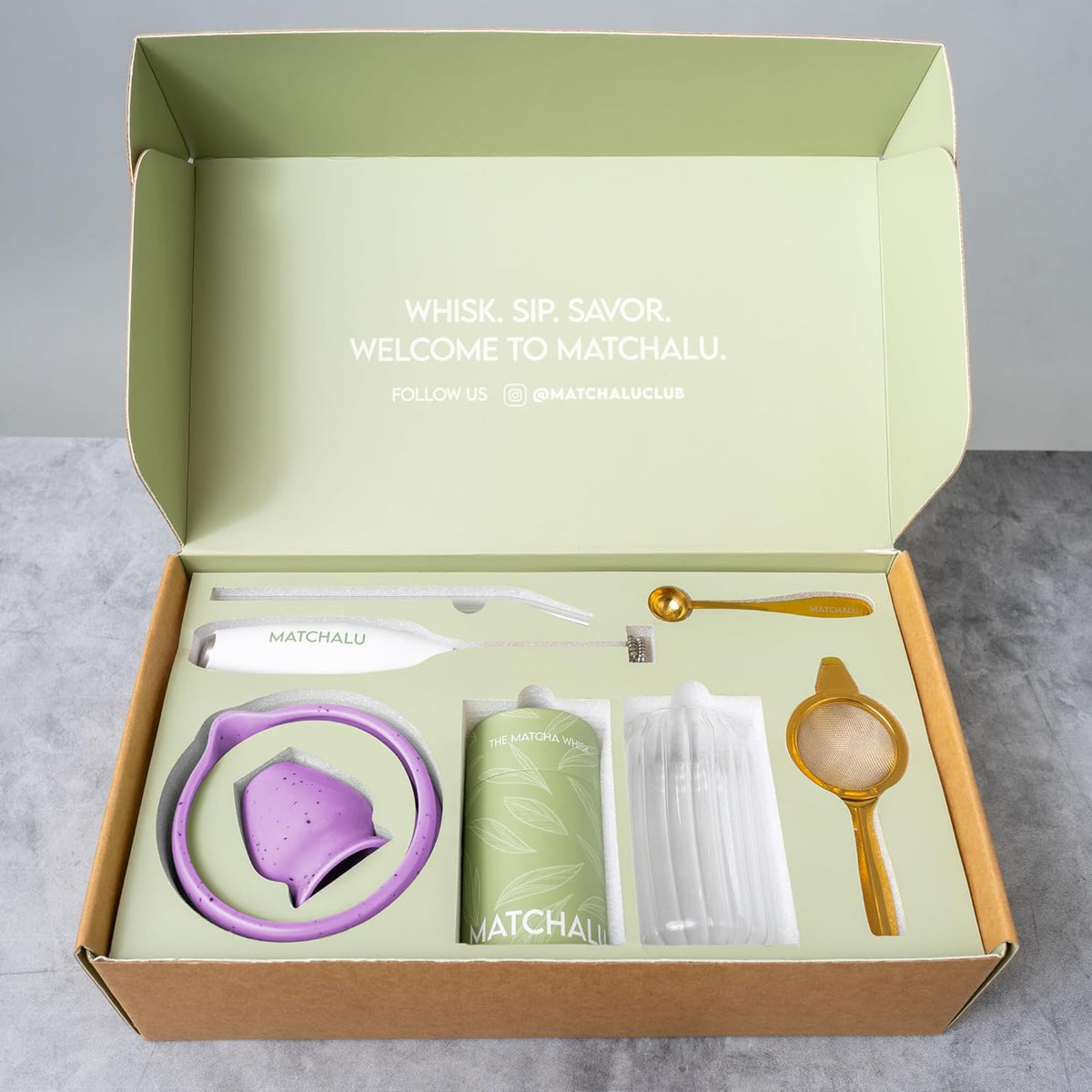 Premium 9 Piece Matcha Set Includes Ceramic Matcha Bowl, Bamboo Whisk & Holder, Stainless Steel Spoon & Sifter, Glass Cup & Straw, Electric Frother, Storage Bag - Gift for Matcha Lovers (Purple)