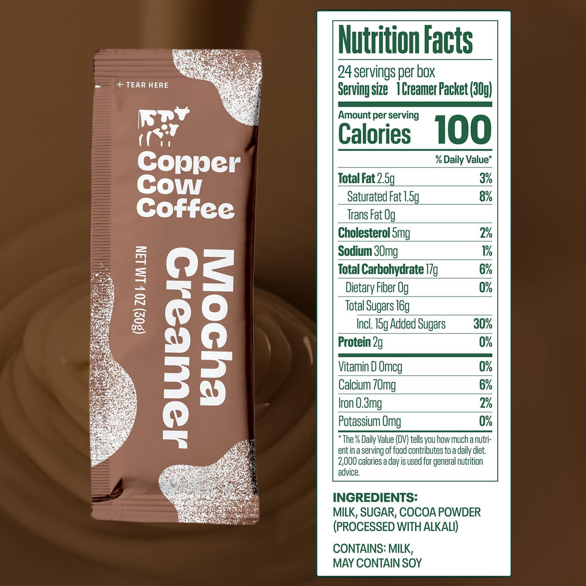Copper Cow Coffee Sweetened Mocha Milk Creamer Singles (24 pack) | Vietnamese Inspired Coffee Creamer, All Natural Creamer Packets for Pour Overs & Lattes | No Refrigeration Needed