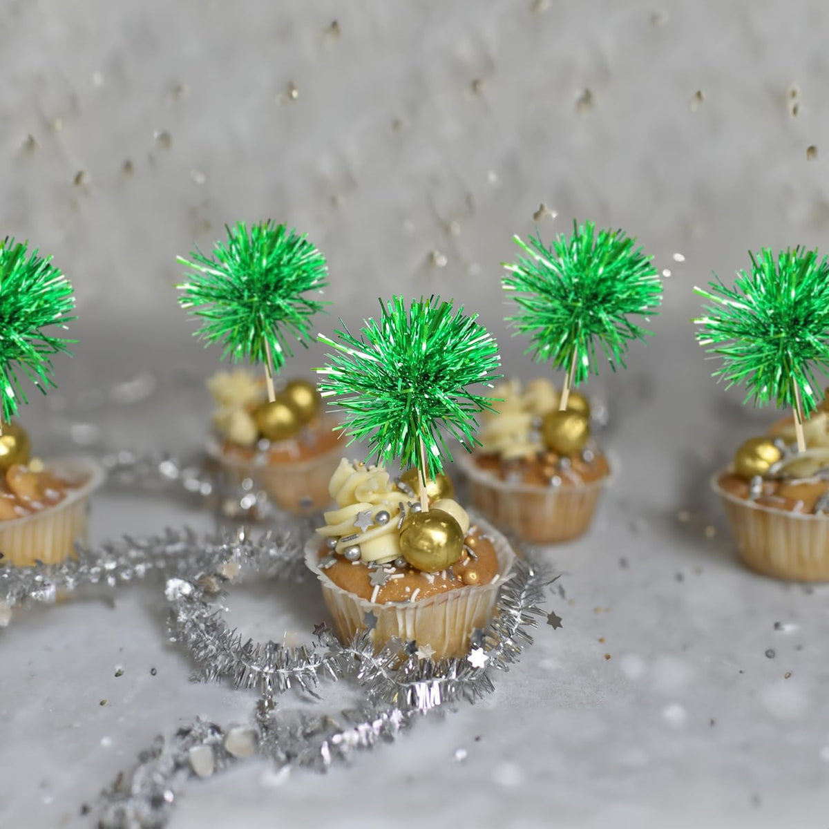 Gyufise 30Pcs Foil Firework Cupcake Toppers Sparkle Tinsel Cake Toppers Tinsel Drink Cake Decoration Cocktail Picks for Birthday Wedding Graduation Party Supplies Dark Green
