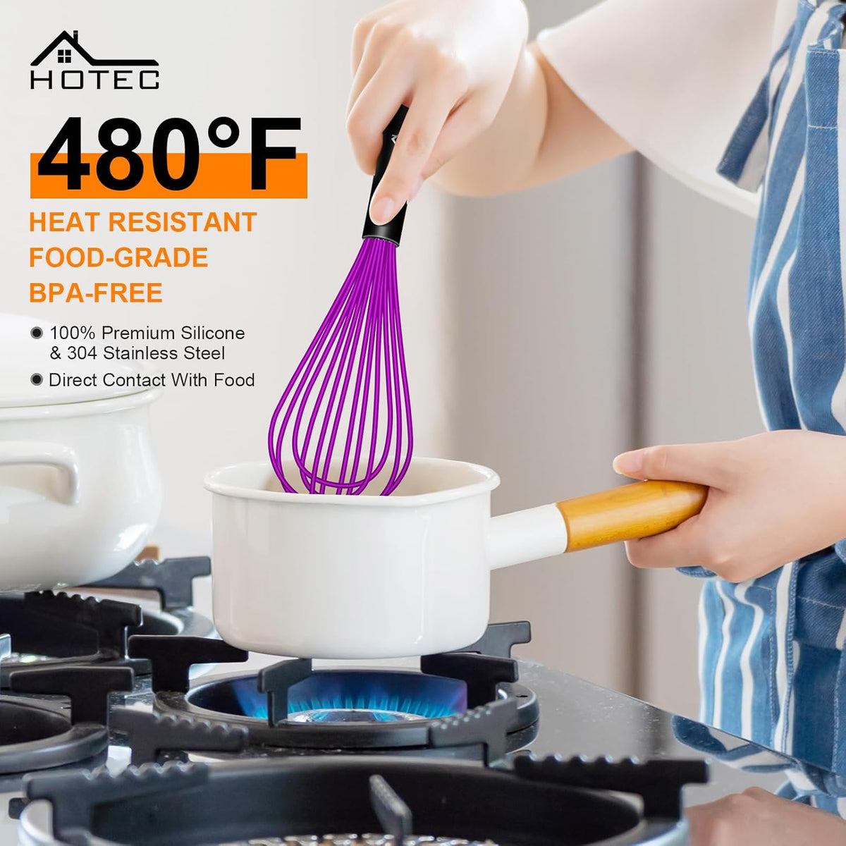 HOTEC 4 Pieces Silicone Whisks for Cooking, Wire Balloon Whisks Egg Beater, Non-slip Handle Whisk for Non-stick Cookware Perfect for Cooking, Stirring, Beating and Blending (Purple)