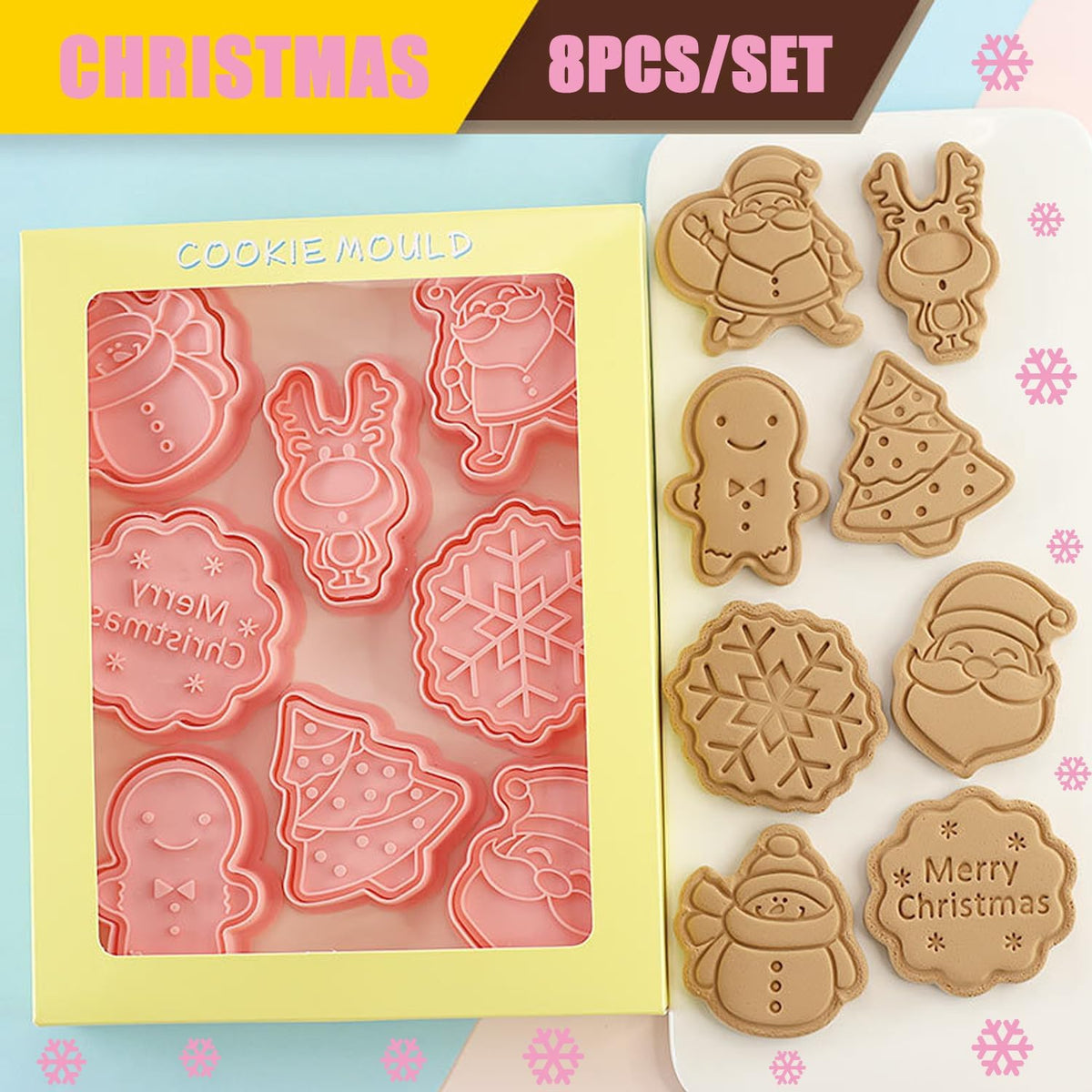 8Pcs Christmas Cookie Cutters, 3D Plastic Snowflake, Santa, Tree, Snowman Design Biscuit Mould and Cutters