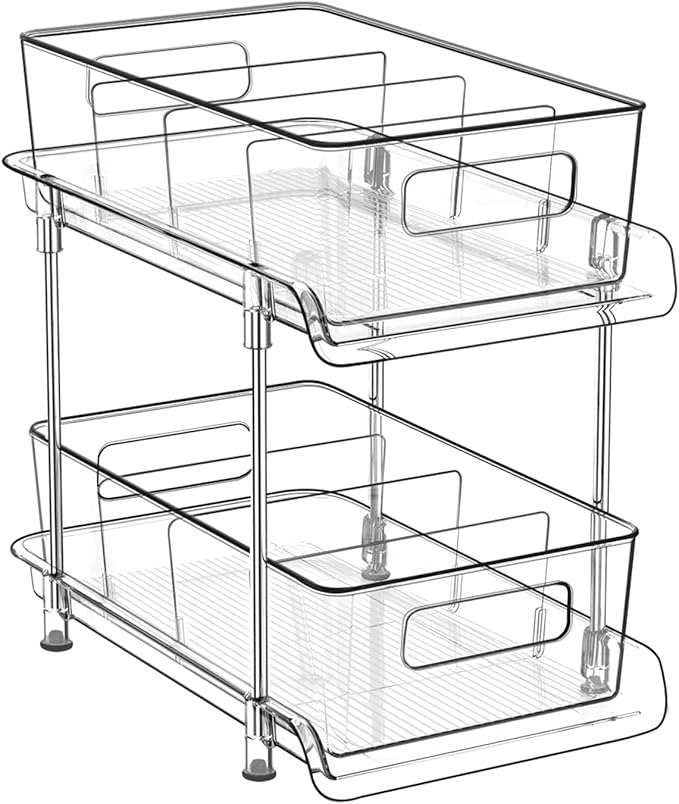 HIHEGD 2 Tier Bathroom Storage With Dividers, Clear Under Sink Pull Out Organizer for Kitchen Pantry, Medicine Cabinet