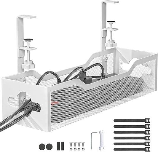 Under Desk Cable Management Tray White, Litwaro Cable Management Under Desk No Drill, Cable Organizer with Clamp for Wire Management, Cord Organizer for Office, Home No Damage to Desk