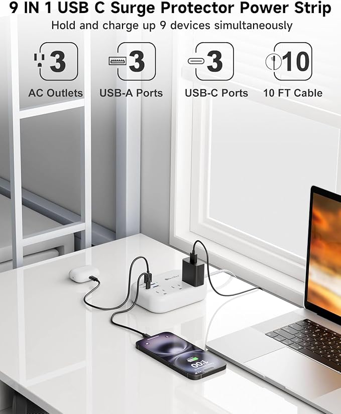 6 USB(3 USB C) Surge Protector Power Strip- Extension Cord 10 Ft with 24W USB Charging Station and 3 Outlets, Flat Plug Long Braided Extension Cord with Multiple Outlets for Home Office College Dorm