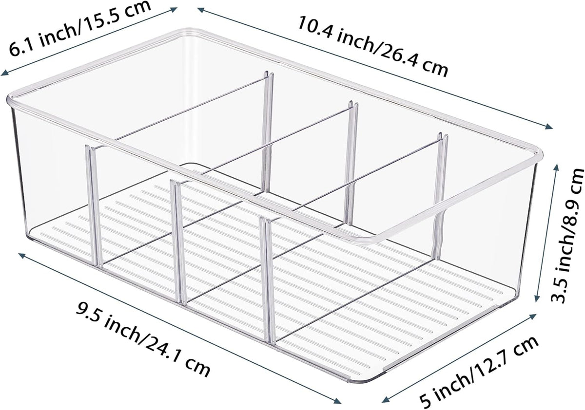Vtopmart 6 Pack Food Storage Organizer Bins, Clear Plastic Bins for Pantry, Kitchen, Fridge, Cabinet Organization and Storage, 4 Compartment Holder Packets, Snacks, Pouches, Spice Packets